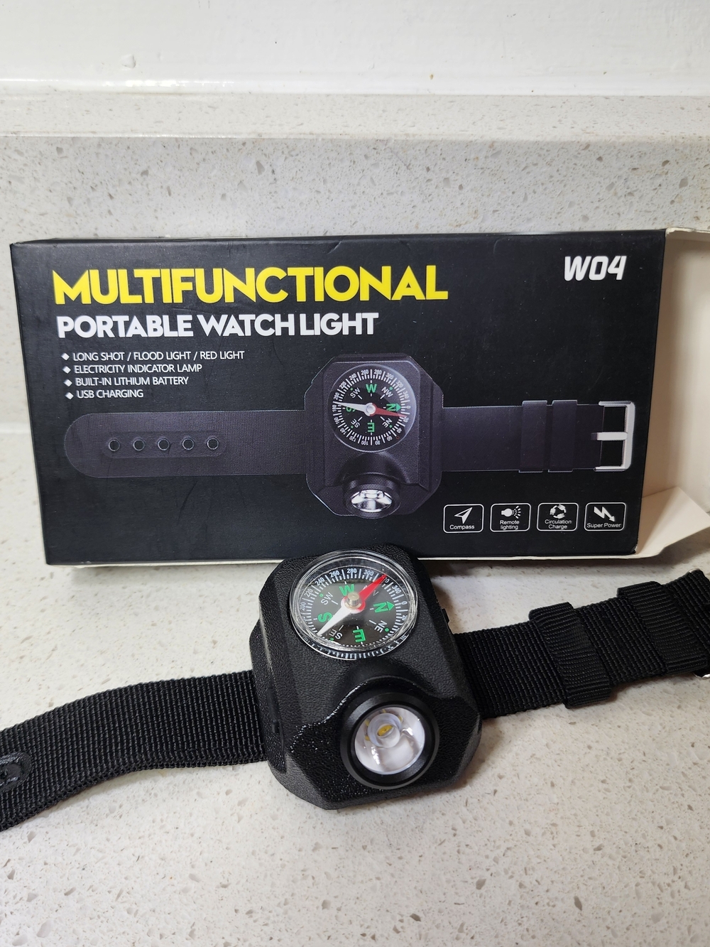 Rechargeable Unisex Multifunctional Portable Watch Light With Compass- Black New